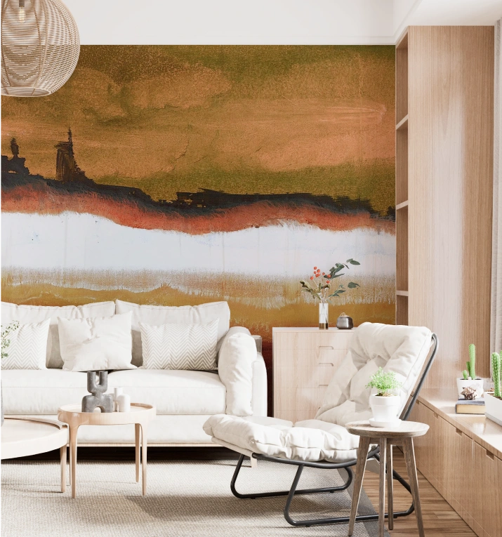 Minimalist layered mural wallpaper woth earthy tones